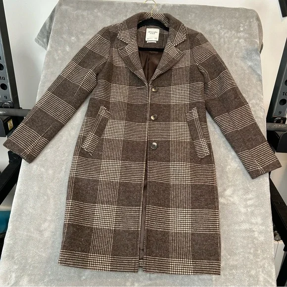 Abercrombie & Fitch The A&F Dad Coat Plaid Brown Long Overcoat Women's XXSP - Picture 1 of 16